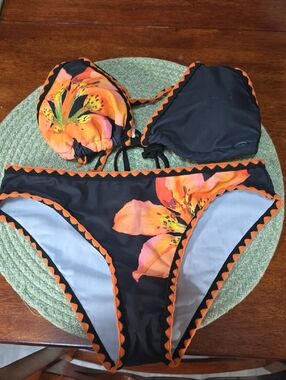 Black Bikini Set with Orange Floral Accent